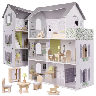 KIK KX6278 Drevený domček pre bábiky s nábytkom 70cm šedý